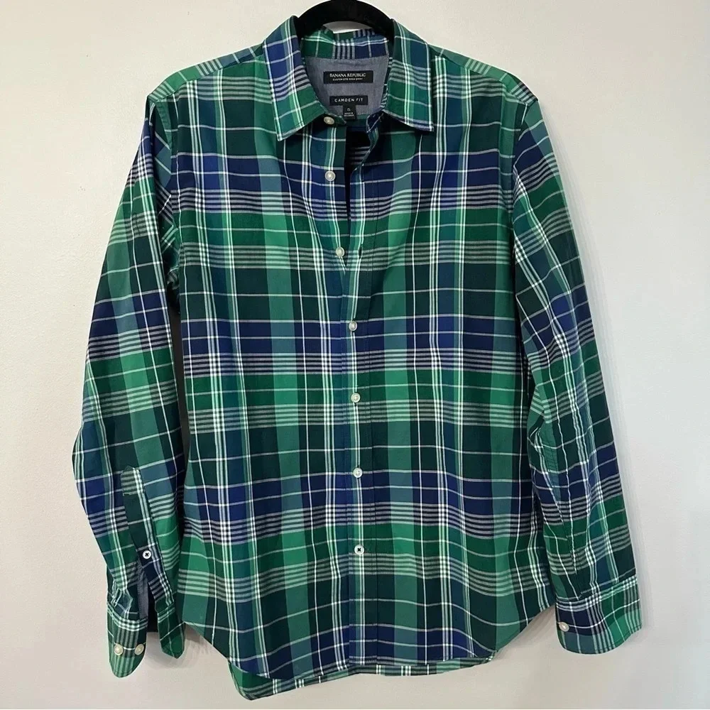 Banana Republic Custom 078 Wash Shirt Camden Fit Green Plaid Men's Size Small